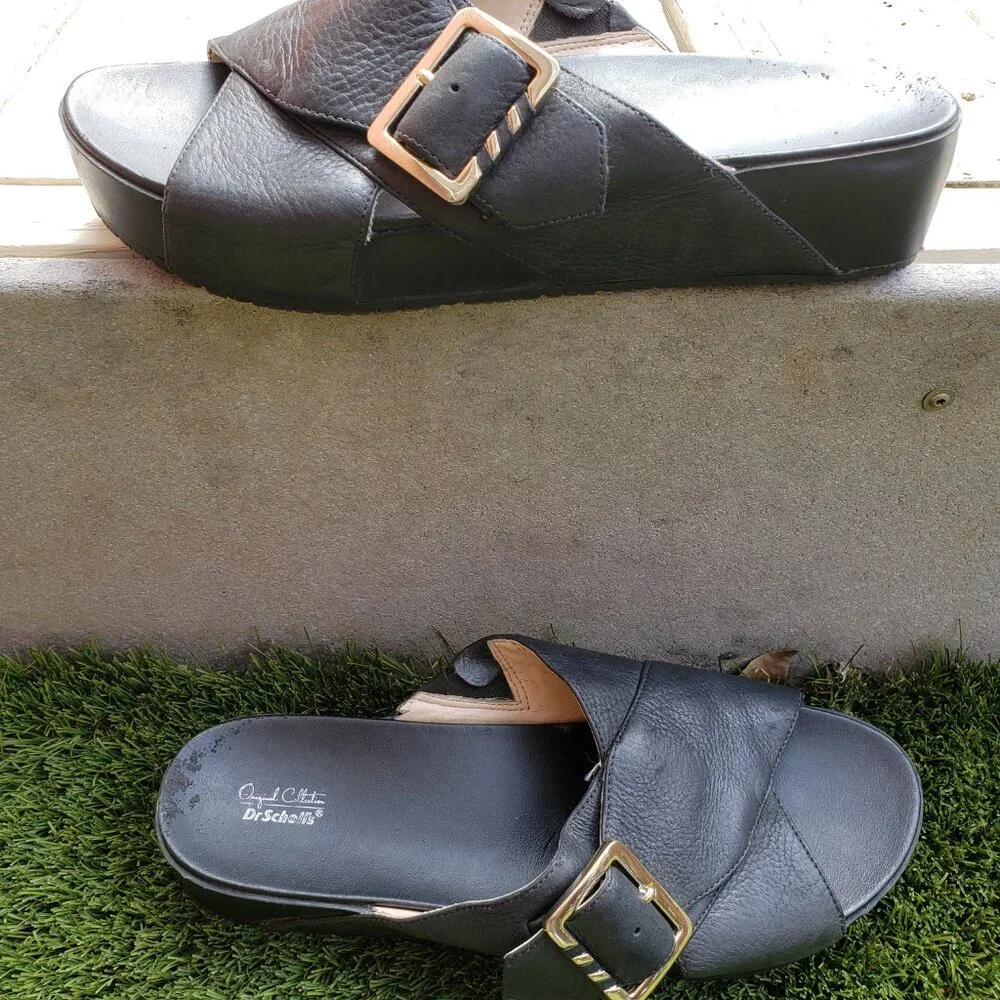 EUC DR. SCHOLL'S original collection leather platform big buckle (9.5) jet black